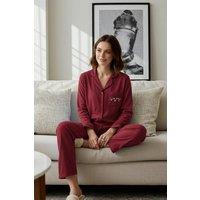 WOVCOR Women's 2-Piece Knit Piping Pocket Detail Long Sleeve Pajama Set in Burgundy | Size: Large
