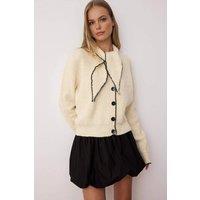 WOVCOR Women's Elegant Polo Collar Woven Button-Front Cardigan in Cream | Size: Medium