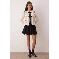 WOVCOR Women's Knitted Cardigan With Ribbon Detail & Floral Embroidery in Cream | Size: Small