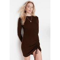 WOVCOR Women's Ruched Ribbed Knit Mini Dress in Brown | Size: Small