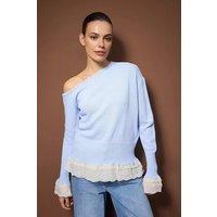 WOVCOR Women's Lace Trim Boat Neck Knit Jumper in Baby Blue | Size: Medium
