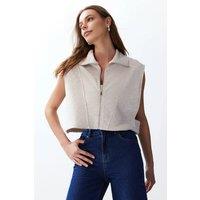 WOVCOR Women's Stand-Collar Zip-Front Vest with Structured Panel in Beige | Size: XL