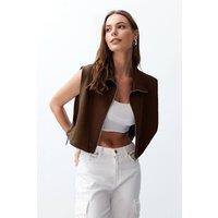 WOVCOR Women's Stand-Collar Zip-Front Vest with Structured Panel in Brown | Size: Medium