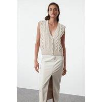 WOVCOR Women's Premium Cable-Knit Button-Detail Vest in Stone | Size: Small