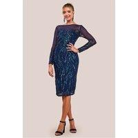 Goddiva Women's Long Sleeve Sequin Flame Midi Dress in Navy | Size: 10