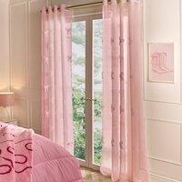OHS Tufted Bows Voile Net Curtain Pair Window Panels Slot Top Set in Pink | Size: 140 cm width x 220 cm drop