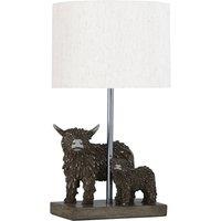 First Choice Lighting Angus & Hamish - Highland Cows Table Lamp With Oatmeal Linen Shade in Brown