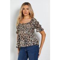 Dorothy Perkins Women's Cream Animal Puff Sleeve Tie Front Top | Size: 12