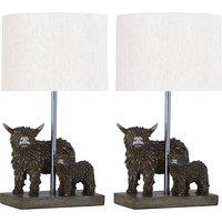 First Choice Lighting Set of 2 Angus & Hamish - Highland Cows Table Lamps With Linen Shade in Brown