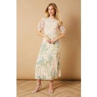 Oasis Women's Occasion Floral Lace Bodice Pleated Midi Dress in Ivory | Size: 14