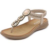MODISHION Women's Boho Casual Rhinestone Beach Sandals in Beige | Size: 5
