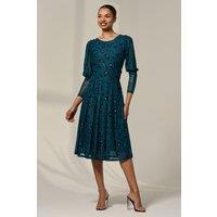 Jolie Moi Women's Mesh Puff Long Sleeve Midaxi Dress in Dark Green | Size: 12