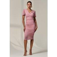 Jolie Moi Women's Ruched Mesh Bodycon Dress in Pink | Size: 16