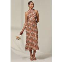 Jolie Moi Women's Chiffon Halterneck Printed Midaxi Dress in Light Beige | Size: 10