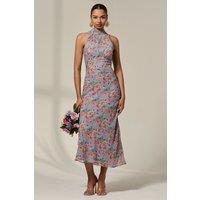 Jolie Moi Women's Chiffon Halterneck Printed Midaxi Dress in Light Blue | Size: 12