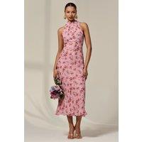 Jolie Moi Women's Chiffon Halterneck Printed Midaxi Dress in Pale Pink | Size: 16