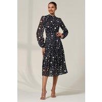 Jolie Moi Women's Crew Neck Pleated Long Sleeve Midi in Black | Size: 16