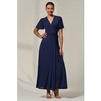 Jolie Moi Women's Angel Sleeve Wrapped Mesh Maxi Dress in Navy | Size: 10