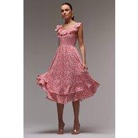 Jolie Moi Women's Ruffle Shirred Woven Midi Dress in Red | Size: 14