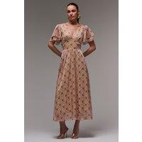 Jolie Moi Women's Layered Angel Sleeved Chiffon Maxi Dress in Beige | Size: 12