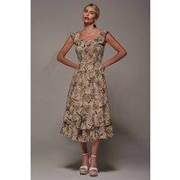 Jolie Moi Women's Shirred Ruffle Sleeve Tiered Midi Dress in Brown | Size: 10