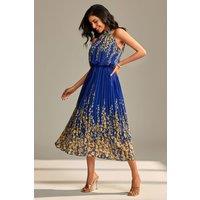 Jolie Moi Women's Mirrored Chiffon Pleated Halter Neck Max in Blue | Size: 16