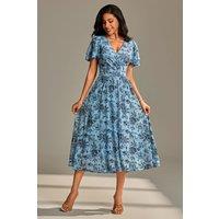 Jolie Moi Women's Flutter Sleeve Mesh Maxi Dress in Bright Blue | Size: 18