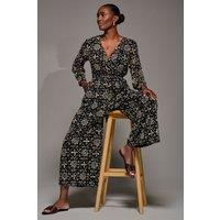 Jolie Moi Women's Lace Wrap Tie Waist Long Sleeve Jumpsuit in Black | Size: 12