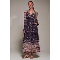 Jolie Moi Women's Mirrored Print Long Sleeve Mesh Maxi Dress in Purple | Size: 16