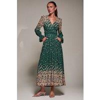 Jolie Moi Women's Mirrored Print Long Sleeve Mesh Maxi Dress in Green | Size: 14