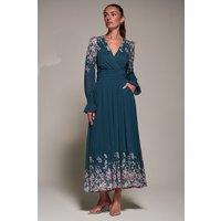 Jolie Moi Women's Mirrored Print Long Sleeve Mesh Maxi Dress in Teal | Size: 16