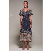 Jolie Moi Women's Mirrored Mesh Short Sleeve Midaxi Dress in Navy | Size: 10