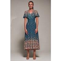 Jolie Moi Women's Mirrored Mesh Short Sleeve Midaxi Dress in Teal | Size: 12