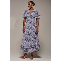 Jolie Moi Women's Chiffon Layered Sleeve Ruffle Hem Midaxi in Blue | Size: 18