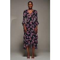 Jolie Moi Women's Ruffle Sleeve Tiered Mesh Midaxi Dress in Navy | Size: 8