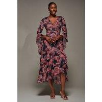 Jolie Moi Women's Mesh Ruffle Sleeve Tiered Midaxi Dress in Red | Size: 14