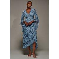 Jolie Moi Women's Mesh Ruffle Sleeve Tiered Midaxi Dress in Blue | Size: 8