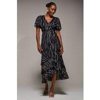 Jolie Moi Women's Angel Sleeve Ruffle Hem Mesh Midaxi Dress in Black | Size: 16