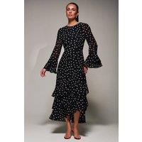 Jolie Moi Women's Ruffled Long Sleeve Tiered Chiffon Midaxi Dress in Black | Size: 10