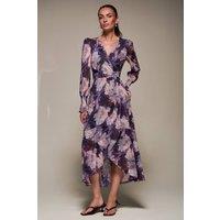 Jolie Moi Women's Ruffle Cuffed Sleeve Frill Mesh Maxi Dress in Purple | Size: 14