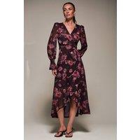 Jolie Moi Women's Ruffle Cuffed Sleeve Frill Mesh Maxi Dress in Burgundy | Size: 8