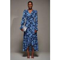 Jolie Moi Women's Ruffle Cuffed Sleeve Frill Mesh Maxi Dress in Blue | Size: 12