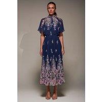 Jolie Moi Women's High Neck Short Sleeve Pleated Chiffon Dress in Navy | Size: 10