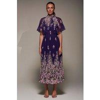 Jolie Moi Women's High Neck Short Sleeve Pleated Chiffon Dress in Purple | Size: 12
