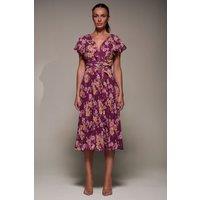 Jolie Moi Women's Printed Ruffle Detail Pleated Chiffon Midi Dress in Fuchsia | Size: 12