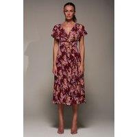 Jolie Moi Women's Printed Ruffle Detail Pleated Chiffon Midi Dress in Burgundy | Size: 14