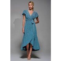 Jolie Moi Women's Metalic Angel Sleeve Wrap Maxi Dress in Blue | Size: 14