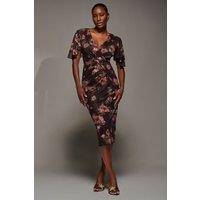 Jolie Moi Women's Print Mesh Angel Sleeve Bodycon Midi Dress in Burgundy | Size: 16