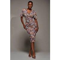 Jolie Moi Women's Print Mesh Angel Sleeve Bodycon Midi Dress | Size: 10