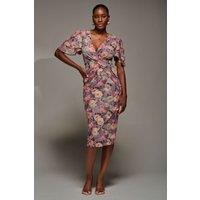 Jolie Moi Women's Print Mesh Angel Sleeve Bodycon Midi Dress in Purple | Size: 14